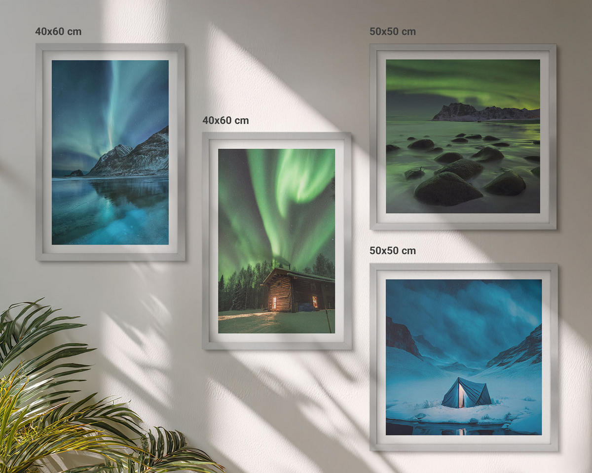 BILDER SET 4er Set - 50x50 cm & 40x60 cm Silberner Rahmen - Winterlandschaften, Nordlichter, Berge - Silberfarben, Kunststoff (50/50cm) - TULUP