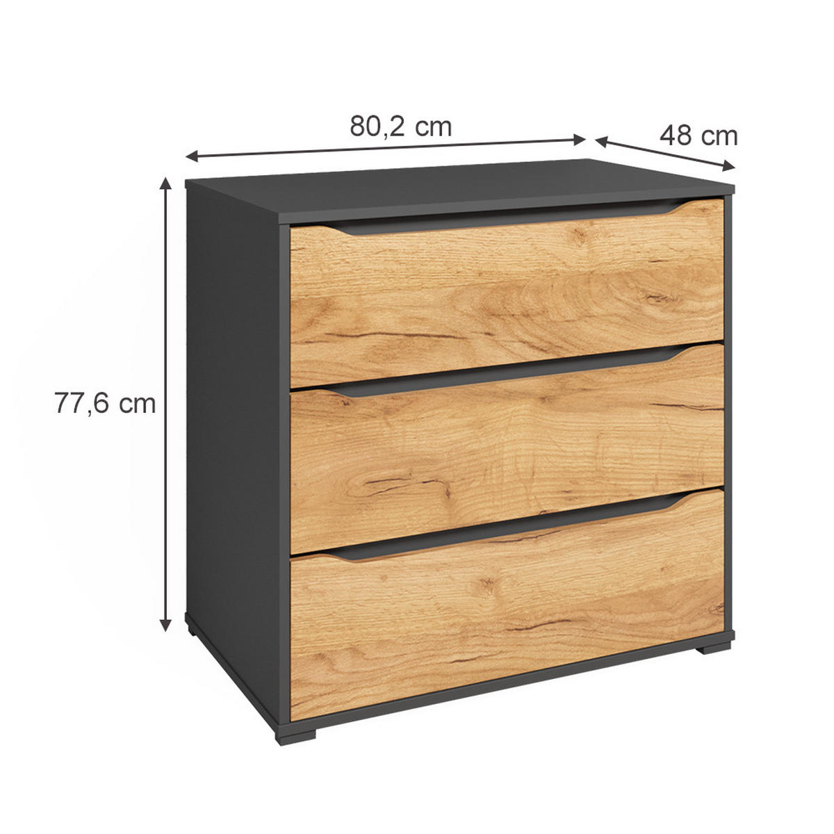KOMMODE Ruben Goldkraft Eiche 80 x 77.6 cm mit Schubladen - Anthrazit/Eiche Wotan, Holzwerkstoff (48/77.6/80cm) - Vicco