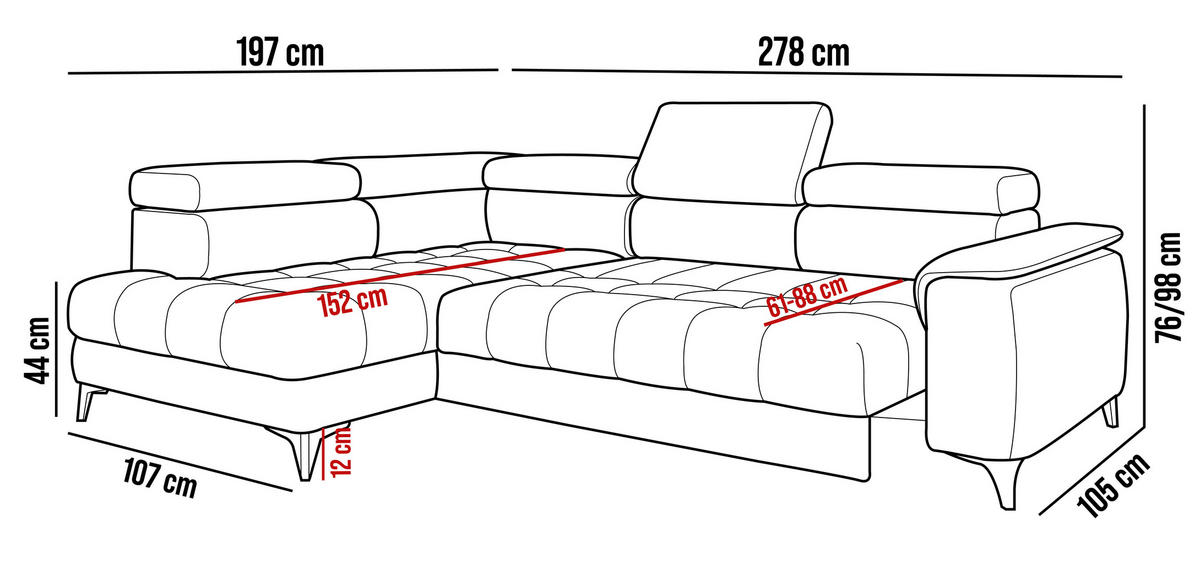 ECKSOFA CHIVAS Freistehend , Schlaffunktion, 278×197×76/98 cm, Stoff - Element, Königsblau, Rechts Seite - Schwarz/Dunkelblau, Holz/Textil (197/278cm) - DomoHome