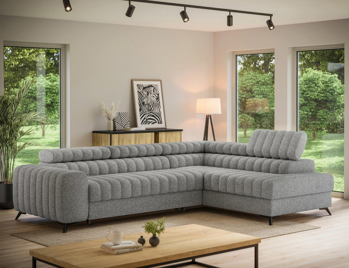 KANEDO Ecksofa mit Schlaffunktion und Bettkasten – Modernes Designsofa, verstellbare Kopfstützen, Metallfüße - Grau, Kunststoff (269/86cm) - Wohnideebilder