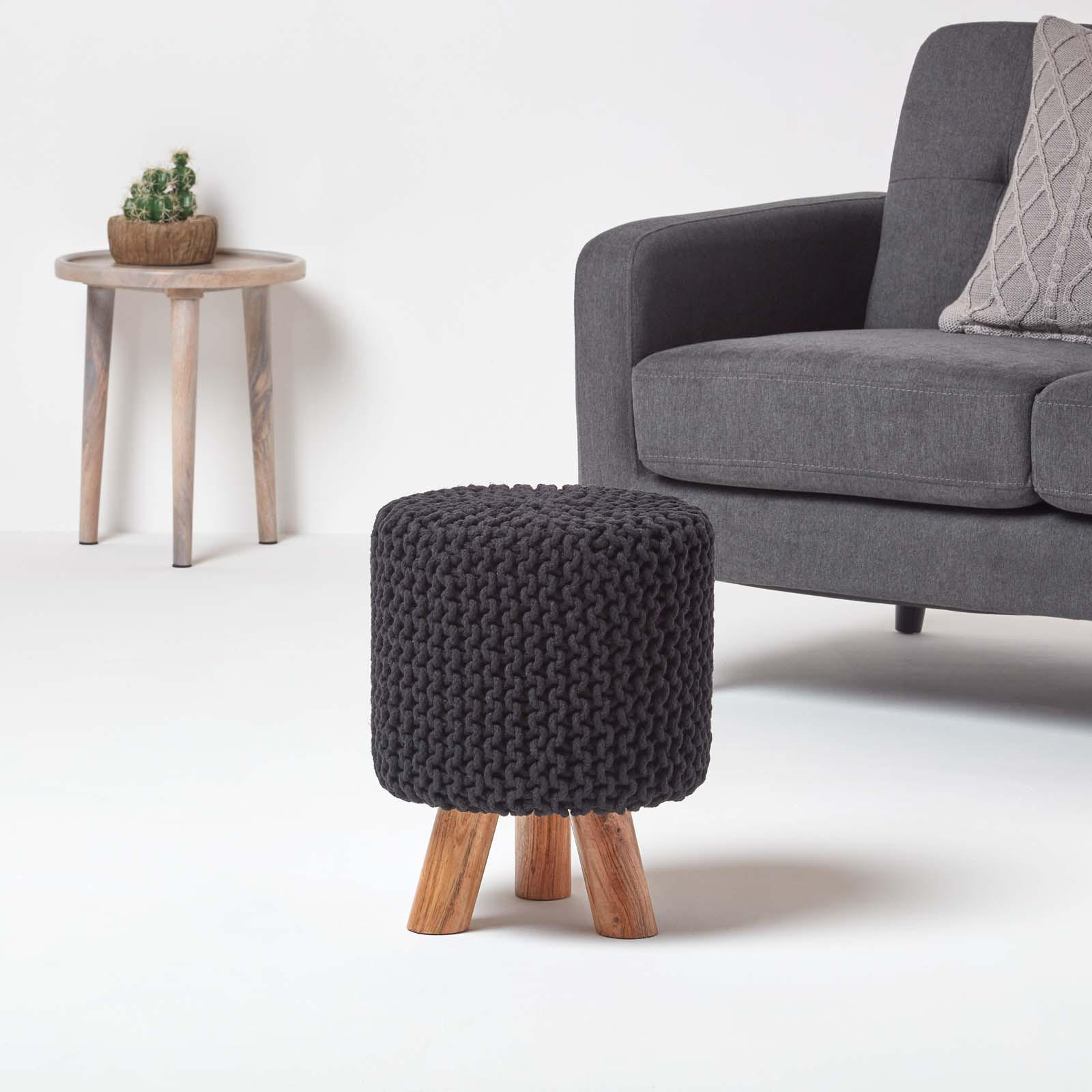 STRICK-HOCKER schwarz, Dreibein 32/32/42 cm - Schwarz, Textil (32/42/32cm) - Homescapes