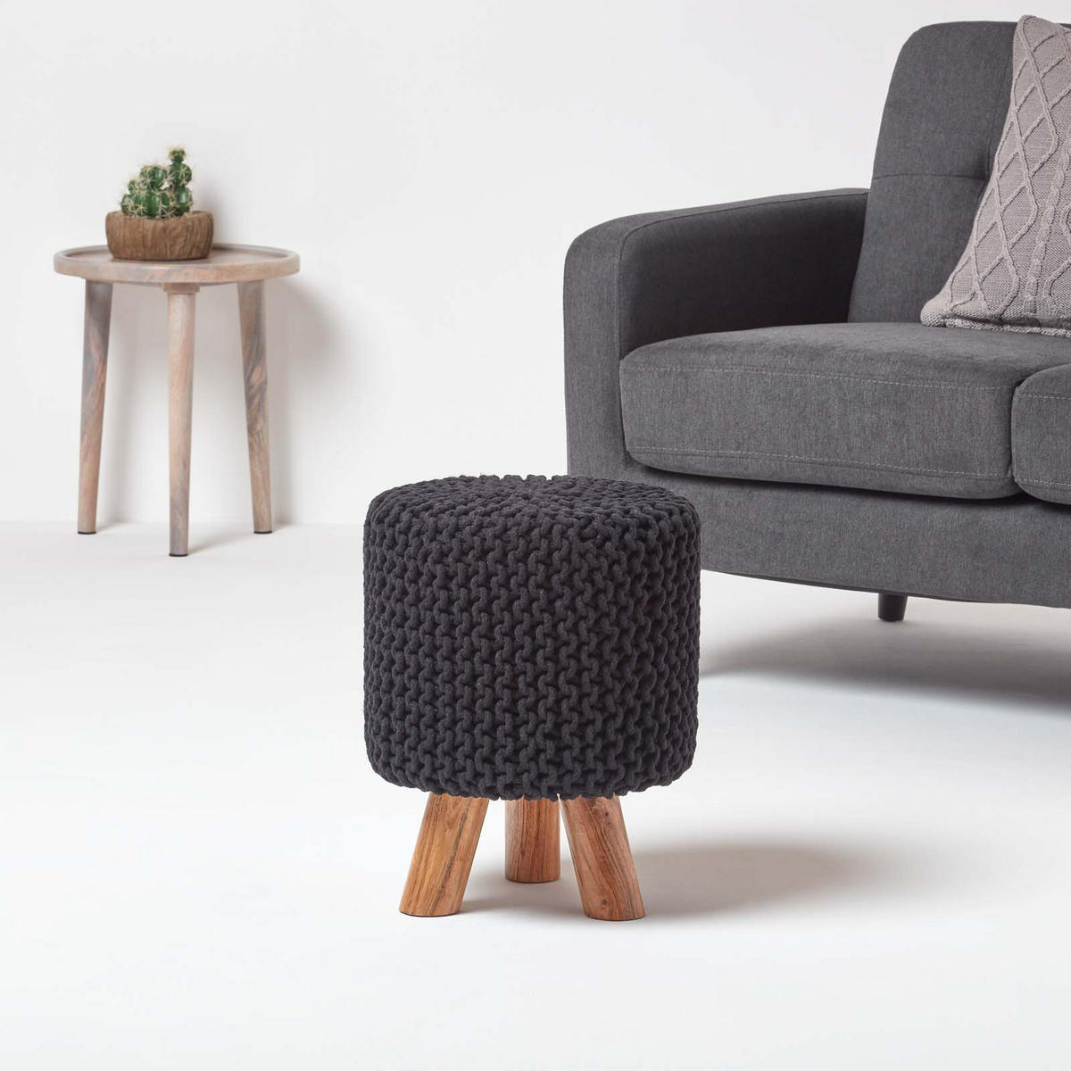 STRICK-HOCKER schwarz, Dreibein 32/32/42 cm - Schwarz, Textil (32/42/32cm) - Homescapes