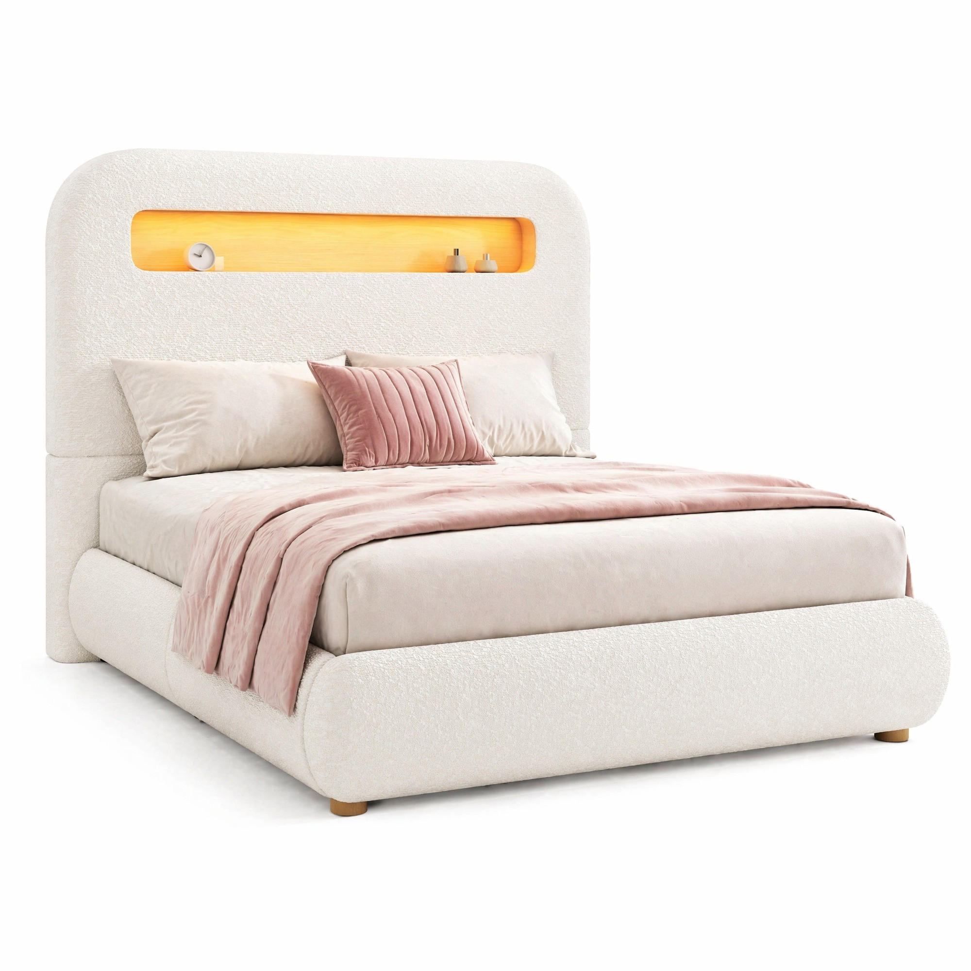 POLSTERBETT 90/200 cm in Weiß mit Stauraum und LED Bouclé - Weiß, Holzwerkstoff/Textil (90/200cm) - CHICFURN