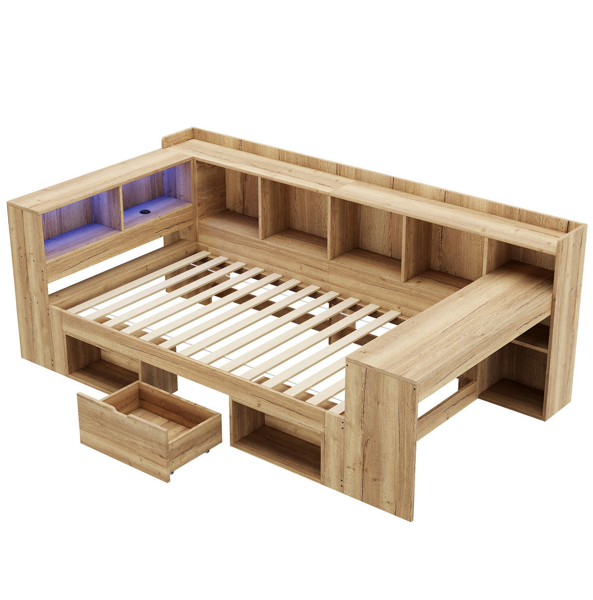 KINDERBETT 90/200 cm mit LED-Beleuchtung, USB- und Type-C-Anschluss, Schreibtisch und Stauraum, Naturfarbe - Naturfarben, Holzwerkstoff (90/200cm) - Redom