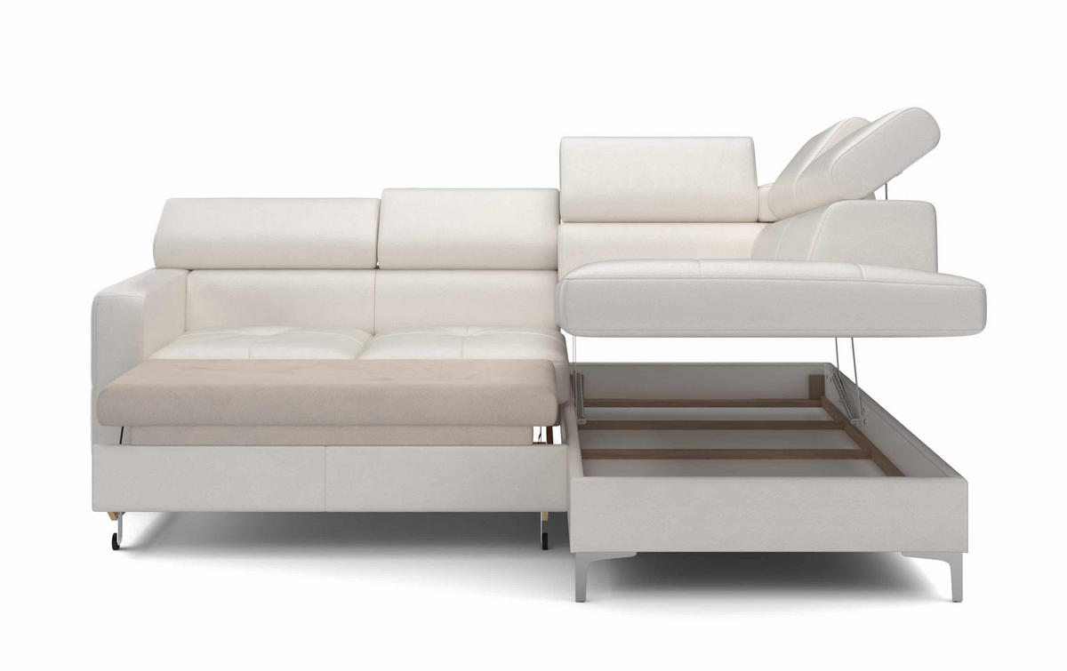 ECKSCHLAFSOFA aus Echtleder mit Schlaffunktion und Bettkasten - Chromfarben/Eiche Bianco, Leder/Holz (207/242cm) - Cotta
