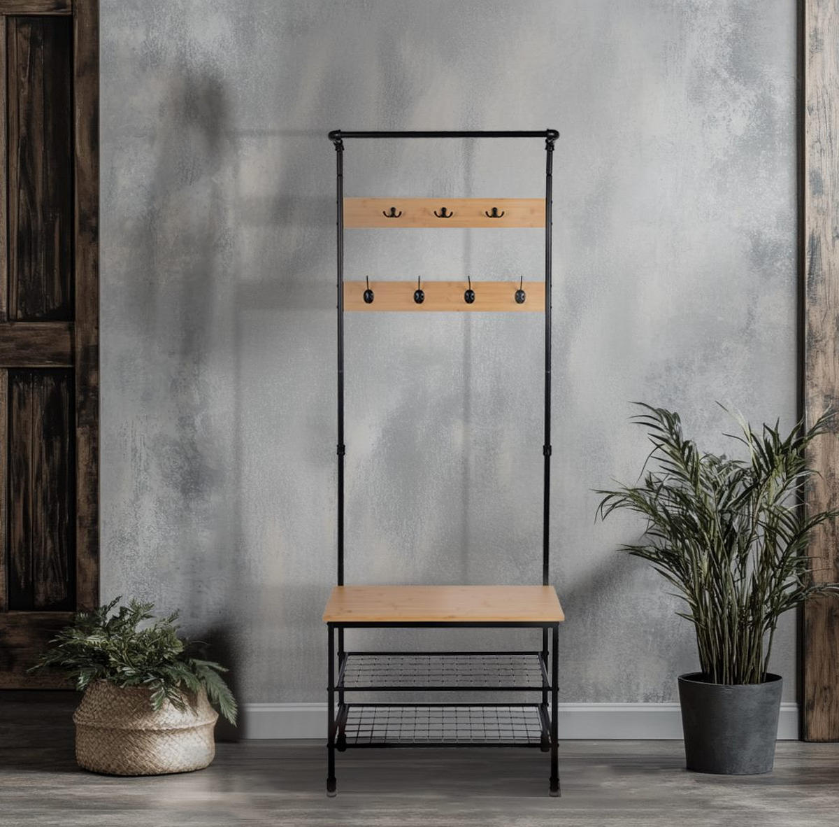 GARDEROBENSTÄNDER Bambus Metall Holzoptik mit Bank 66×32×186 cm - Schwarz/Naturfarben, Holzwerkstoff/Metall (66/183/32cm) - Begryf