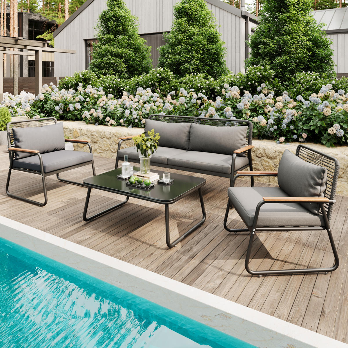 GARTEN Lounge Set für 4 Personen mit Eisenrahmen Glastisch verstellbaren Beinen Sitz und Rückenkissen Grau - Grau, Metall - FLIEKS