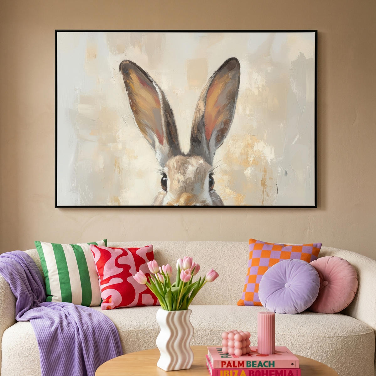 LEINWAND Bilder mit Rahmen - Hase - Ohren - Braun - 150x100 - Beige, Textil (150/100cm) - MuchoWow
