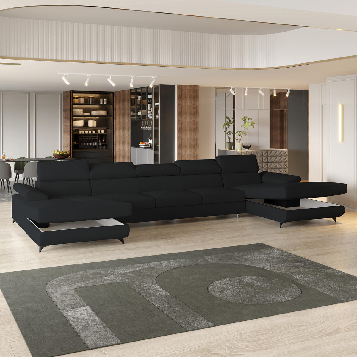 WOHNLANDSCHAFT VIVENTE Schwarz Boucle-Stoff mit Schlaffunktion - Schwarz, Holz (410/89/190cm) - MASSENO