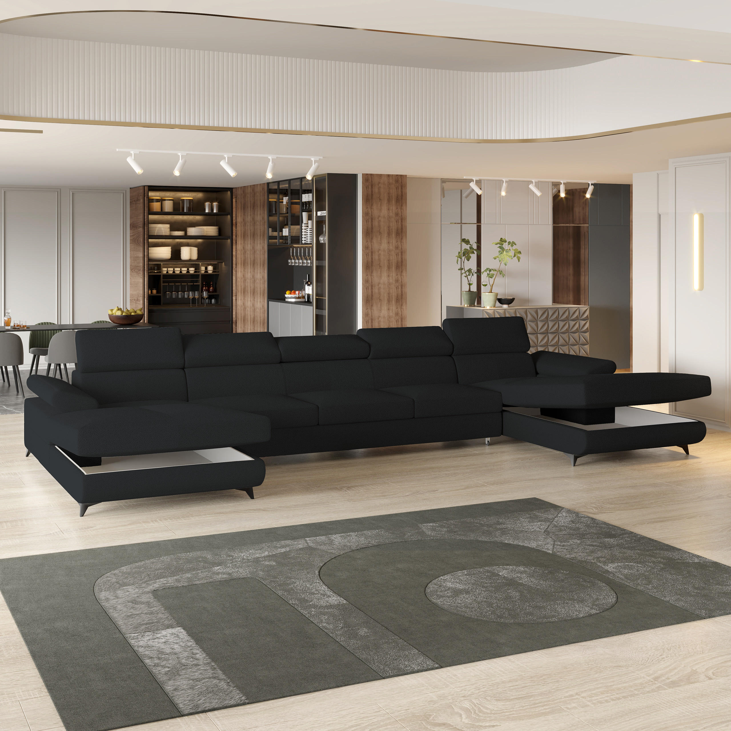 Thumbnail - Masseno Wohnlandschaft, Schwarz, Holz, 6-Sitzer, U-Form, 410x89x190 cm, Wohnzimmer, Sofas & Couches, Wohnlandschaften, W...