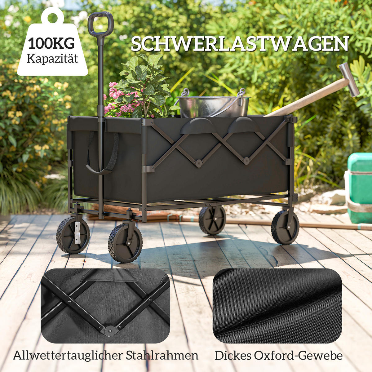 GARTENWAGEN DE-10371 klappbar, erweiterbar, 100 kg Schwarz - Schwarz, Metall (55/102/95cm) - ComfortXL