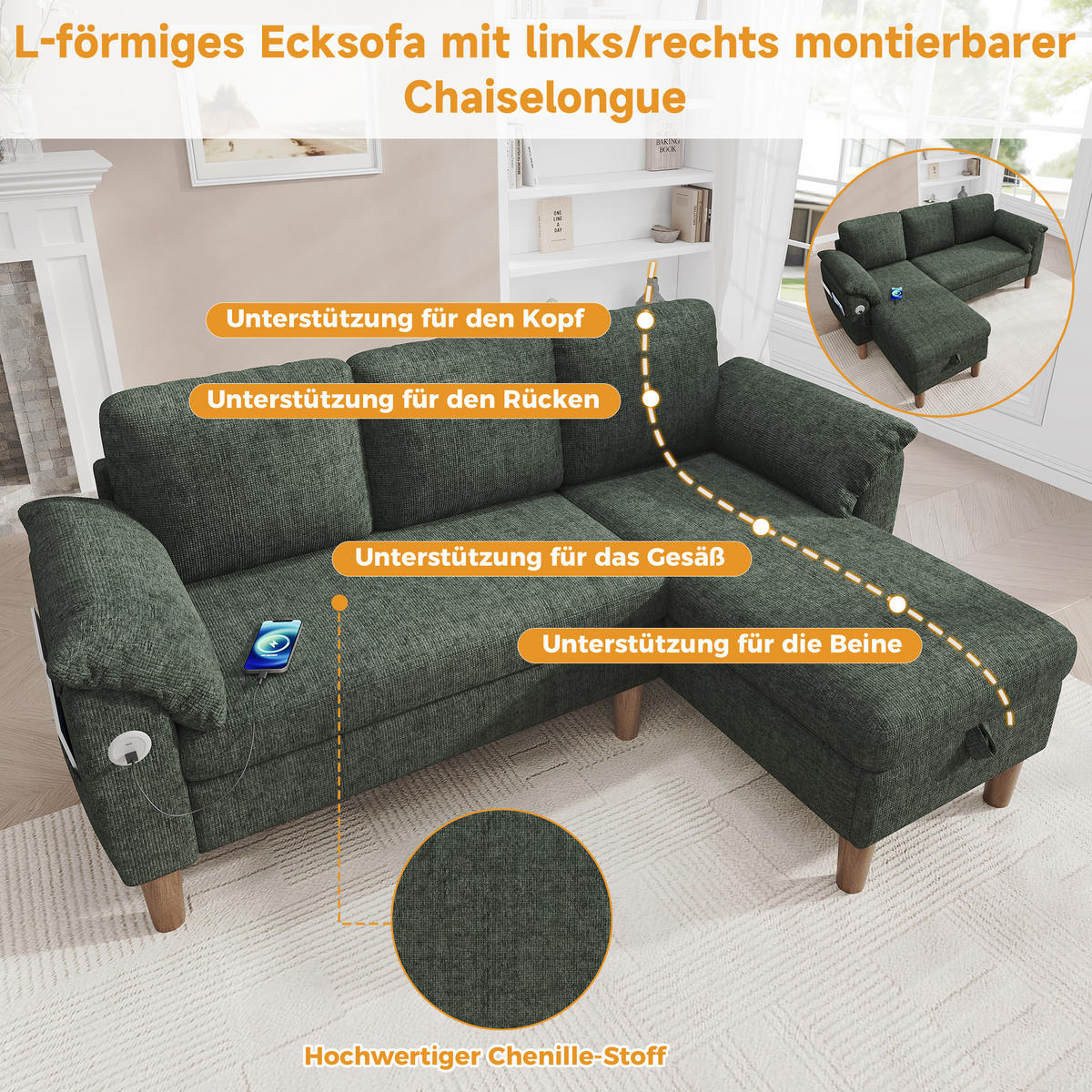 ECKSOFA 181/125/88 cm Grün mit Stauraum-Chaiselongue und USB/Type-C-Ladeanschluss - Grün, Textil (181/125cm) - Oxeza
