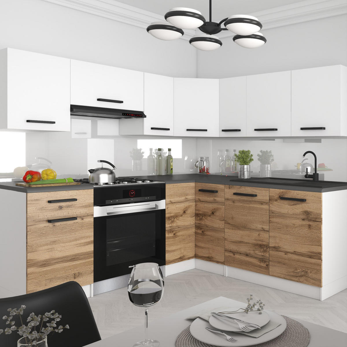 KÜCHENZEILE Italia 6 360 cm, mit Arbeitsplatten, Weiß-Goldbraun Matt - Weiß/Braun, Holz (360/143/60cm) - B BELINI GROUP