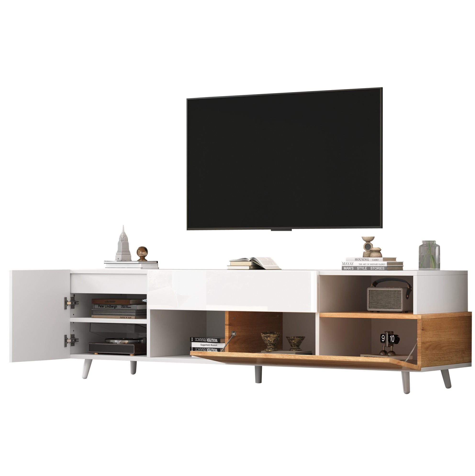 Modfu TV stolek z dřevotřísky 180x38x50 cm bílý/přírodní s vysokým leskem, zásuvkou a úložnými prostory