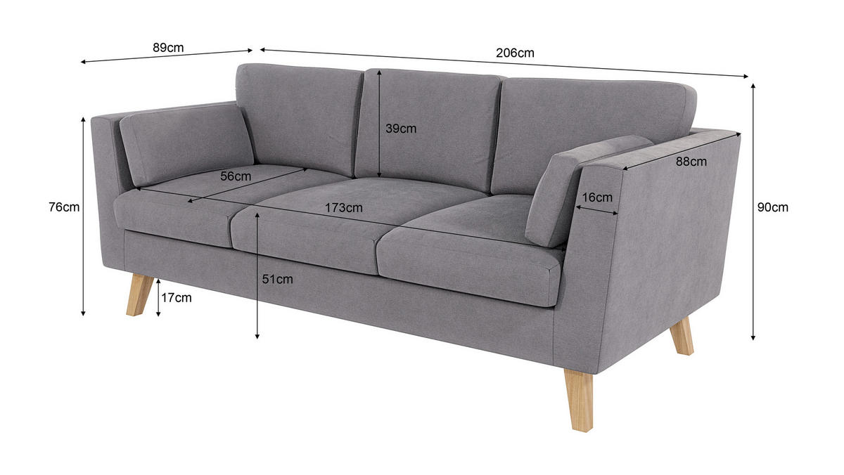 3-SITZER-SOFA Mario Grau Microfaser - Hellbraun/Grau, Holz/Buchenholz (206/90/89cm) - S-Style Möbel