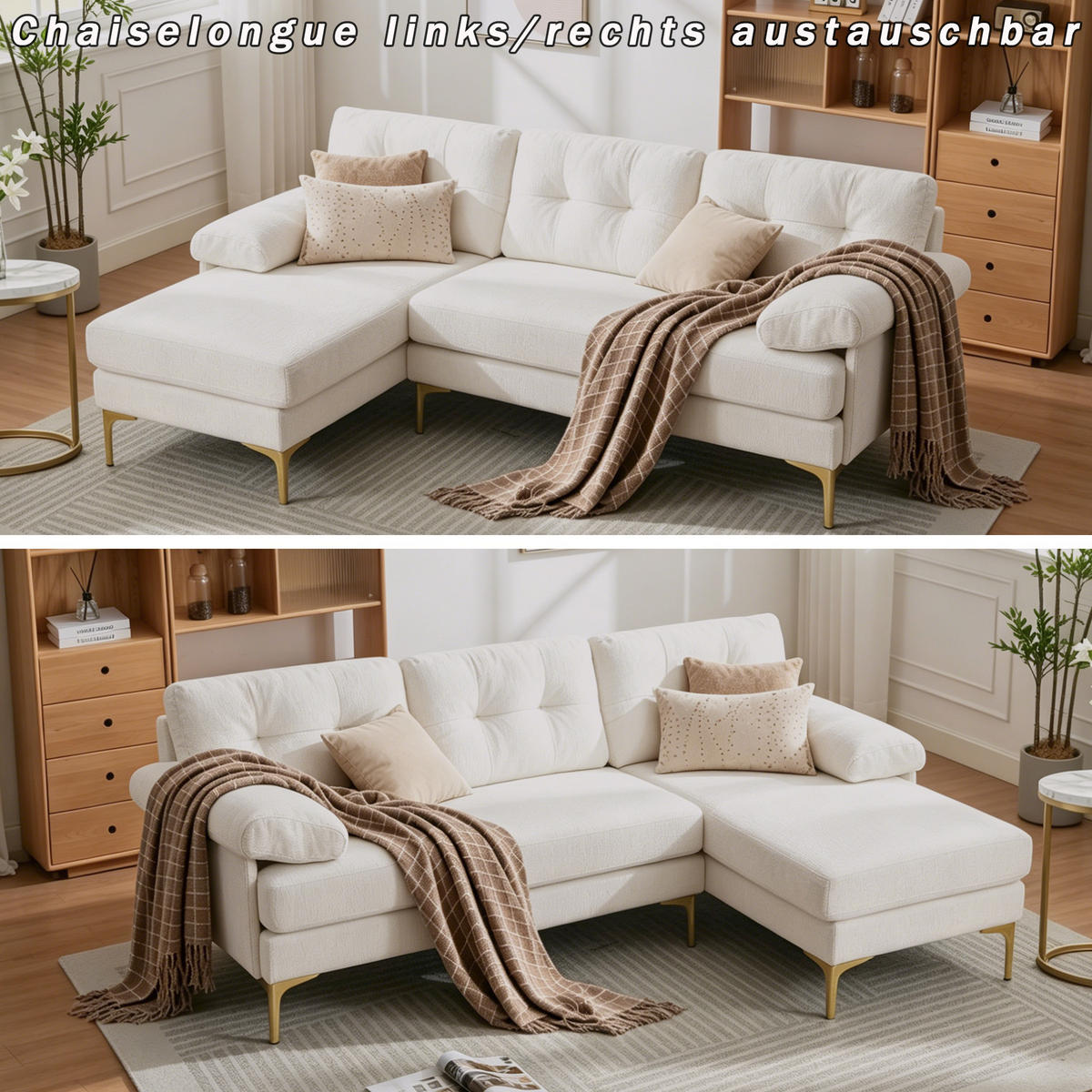 ECKSOFA 187.5/130/79 cm Beige mit 3 Sitzkissen und Stuhlbeine aus Metall - Beige, Textil (130/79/187.5cm) - Oxeza