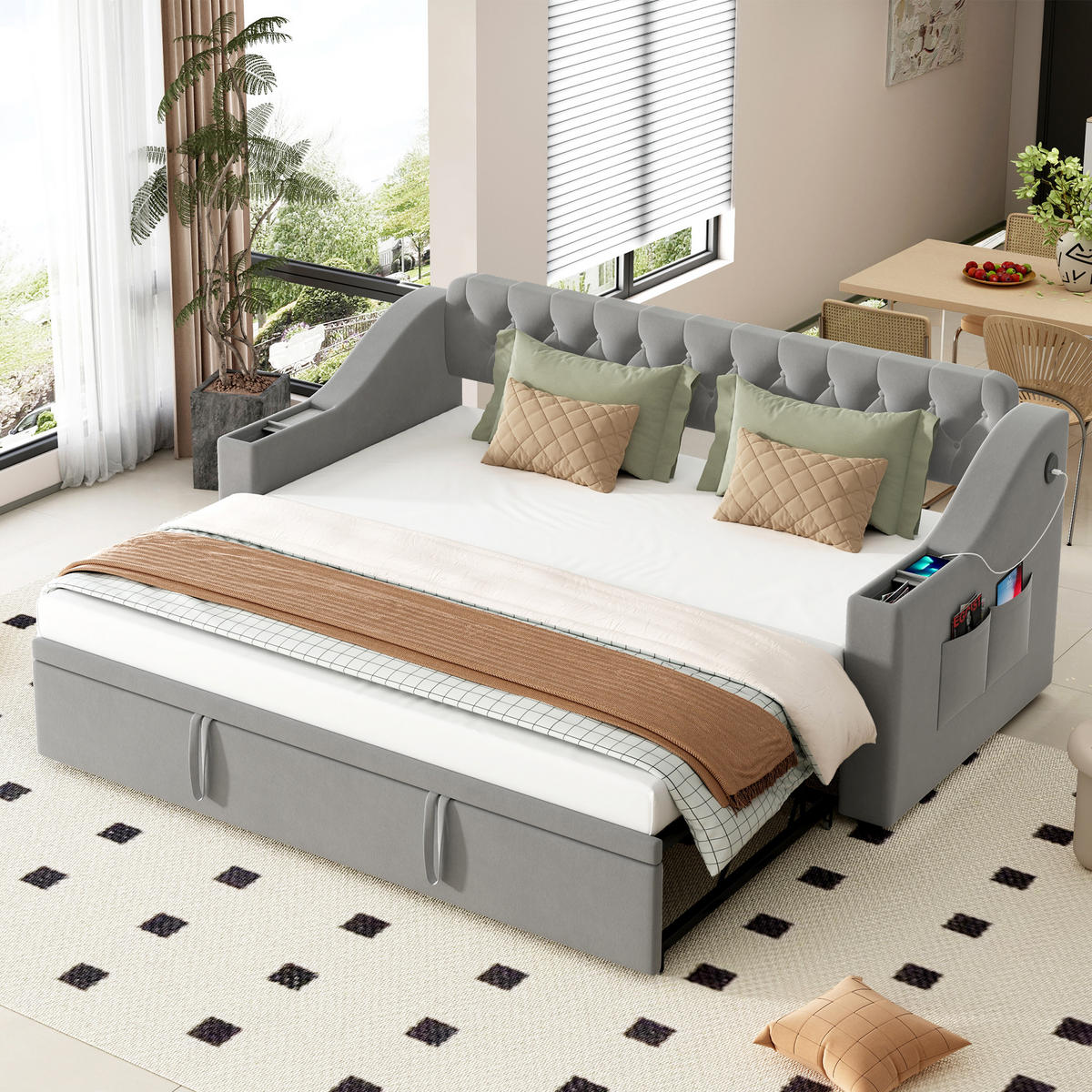 POLSTERBETT 90/180x190 cm USB Samt grau - Grau, Textil (180/190cm) - LEBENLANG