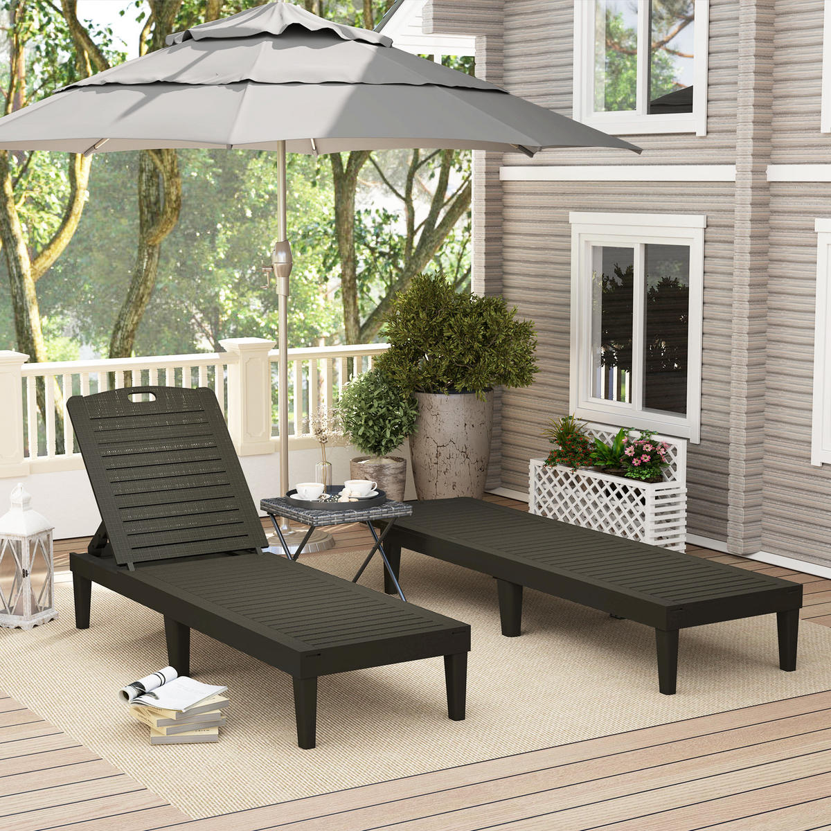 SONNENLIEGE 2er-Set Sonnenliegen mit 4-fach verstellbarer Rückenlehne Rattanoptik Lattenrost,187*56*28 cm,Schwarz - Schwarz, Kunststoff (56/28/187cm) - Vallsero
