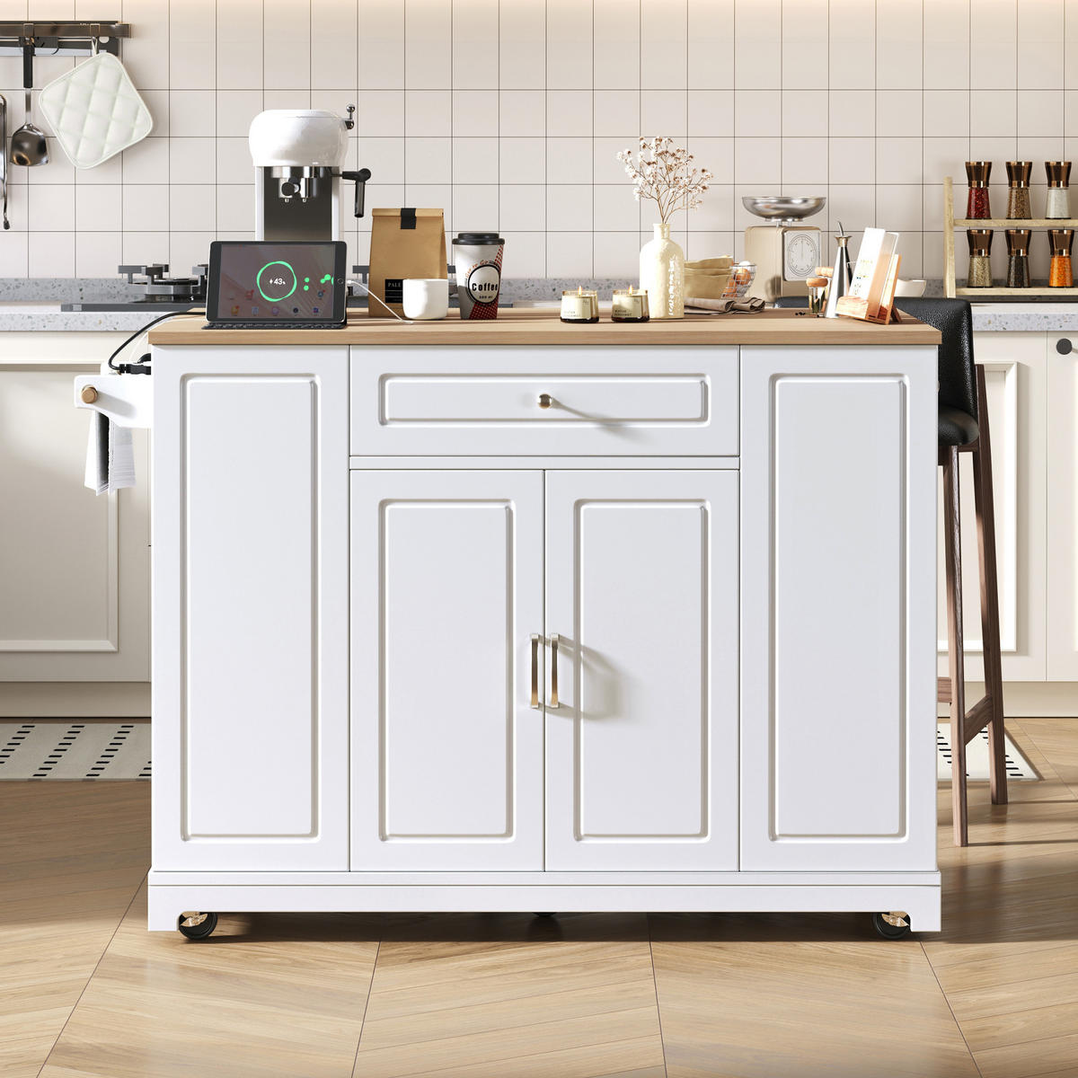 KÜCHENINSEL 131,8/93,3/40-70 cm Weiß/Natur aus MDF und Holzwerkstoff mit Rollen - Weiß, Holzwerkstoff (40/93.3/131.8cm) - OKMYHOME
