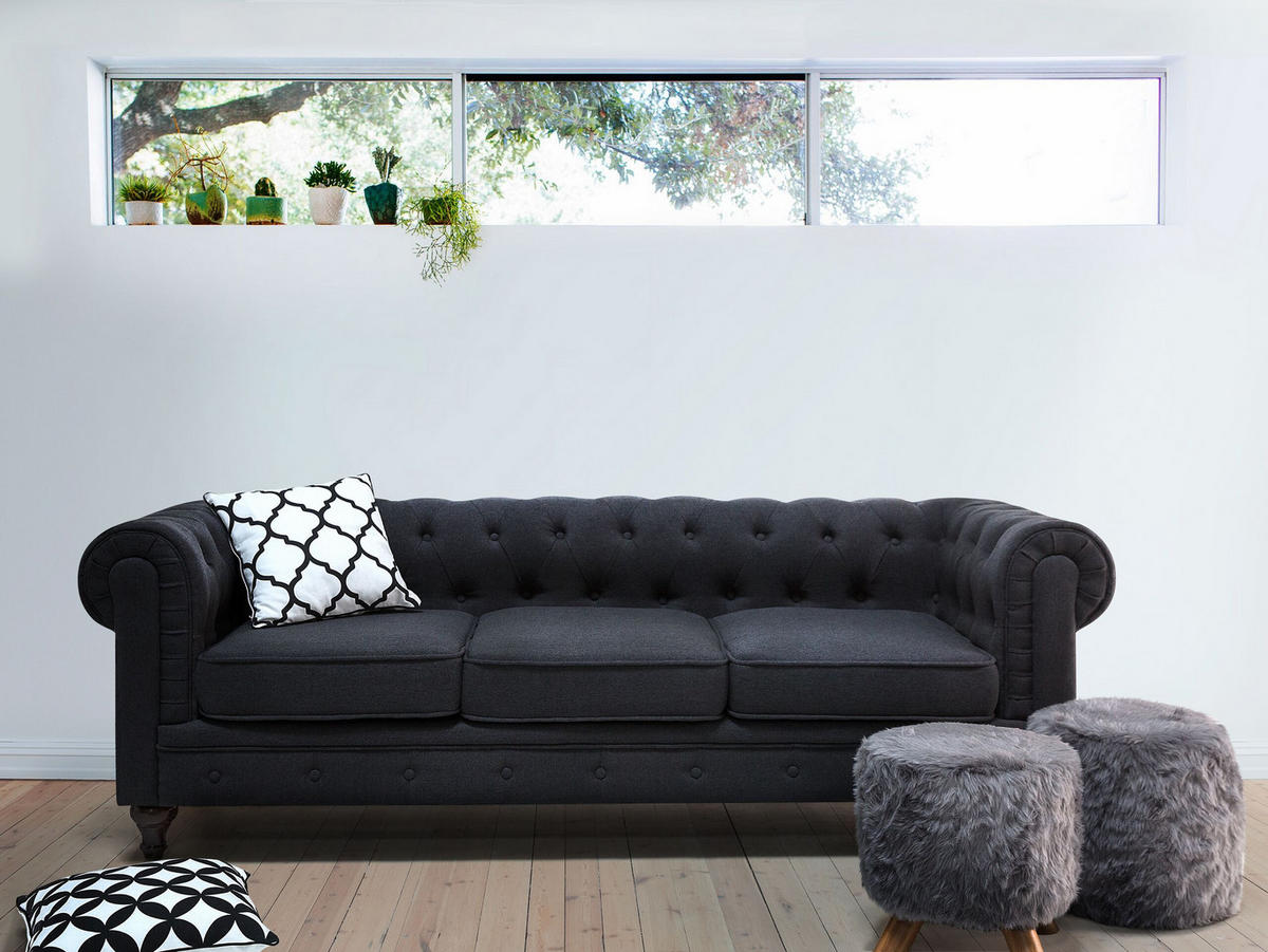 3-SITZER-SOFA Polyester Grau Chesterfield - Graphitfarben, Textil (202/70/75cm) - Beliani