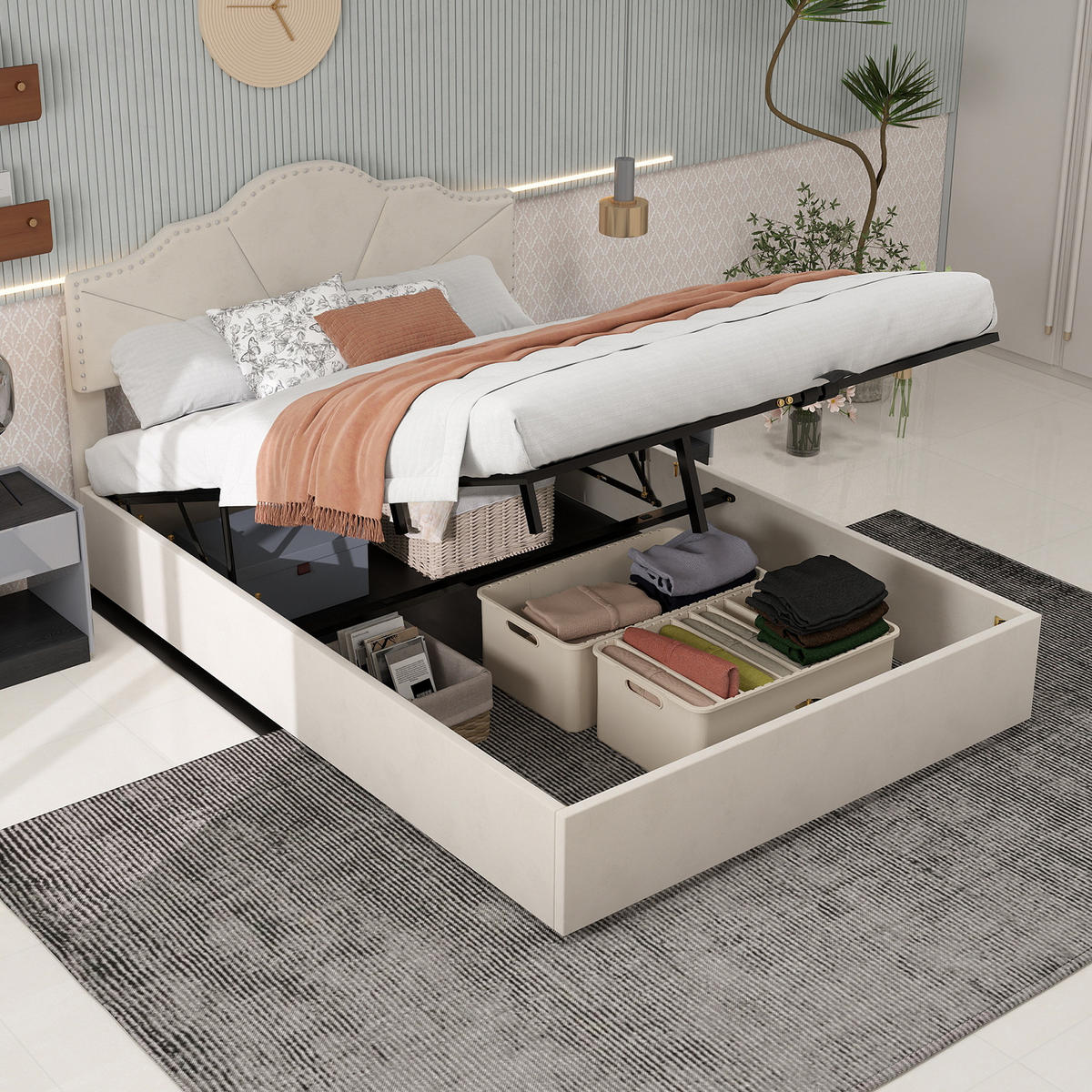 POLSTERBETT 160/200 cm in Beige Stoff mit Gepolstertem Kopfteil - Beige, Holzwerkstoff/Textil (160/200cm) - WISHDOR