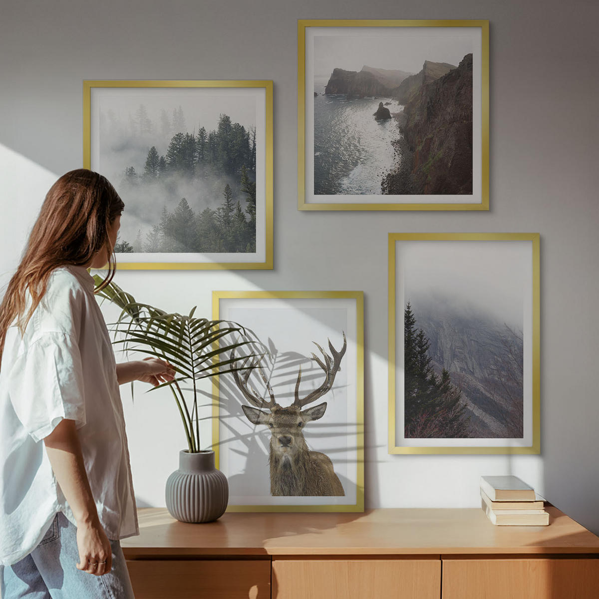 BILDER SET 4er Set - 50x50 cm & 40x60 cm Goldrahmen - Berglandschaft Nebel Hirsch - Goldfarben, Kunststoff (50/50cm) - TULUP