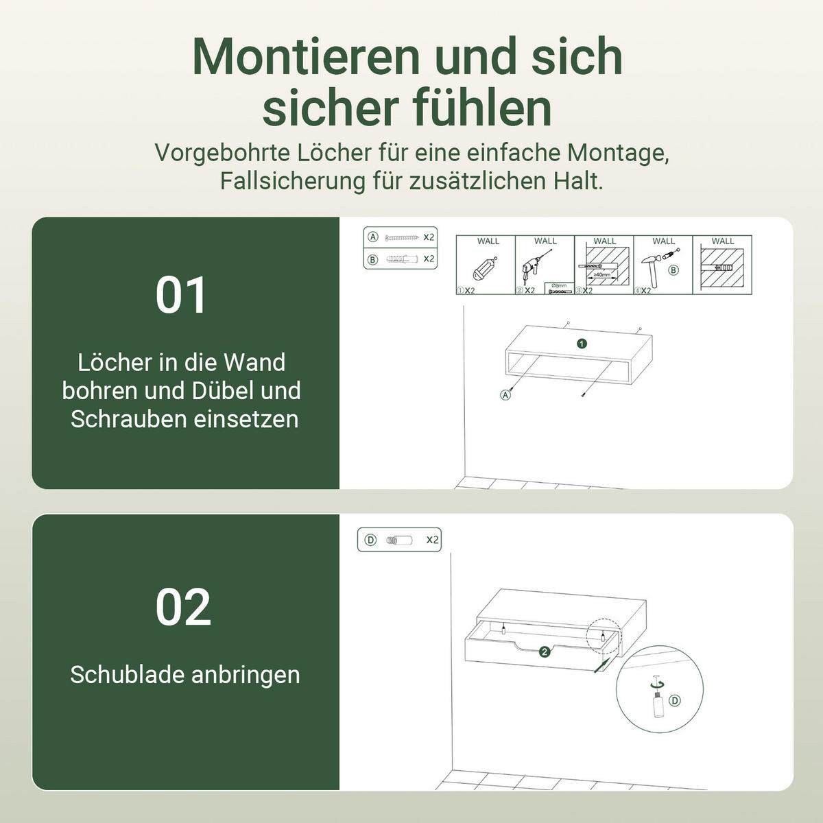 WANDREGAL mit verdeckter Schublade, 60 x 24 x 8 cm, weiß mit Bambusoptik, schwebend, für Schlafzimmer, Flur und Wohnzimmer - Weiß/Naturfarben, Holzwerkstoff (60/8/25cm) - SoBuy
