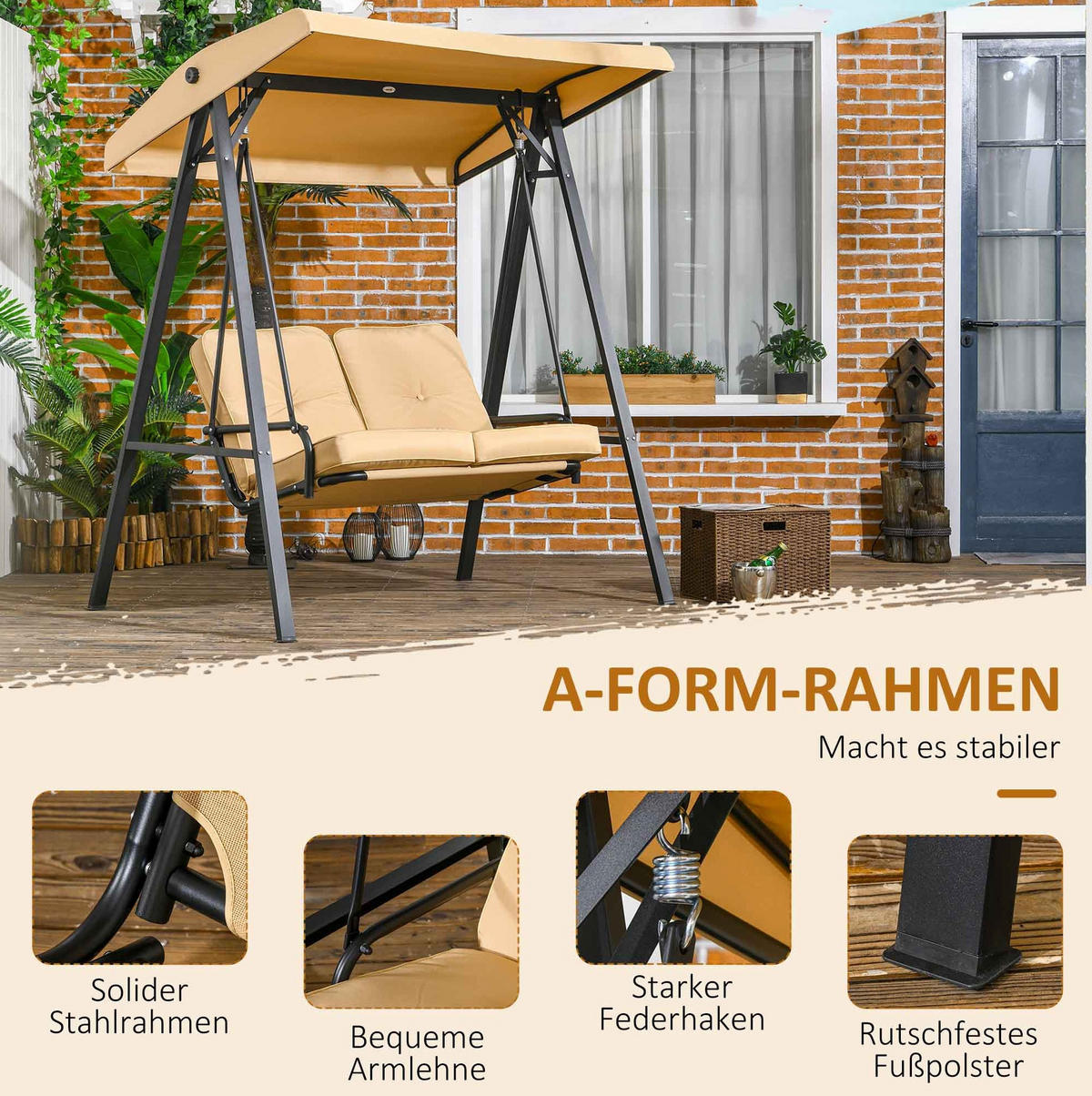 HOLLYWOODSCHAUKEL 138/106/174 cm aus Stahl mit verstellbarem Sonnendach und 2 gepolsterten Sitzen, Beige - Beige, Metall (106/174/138cm) - Redom