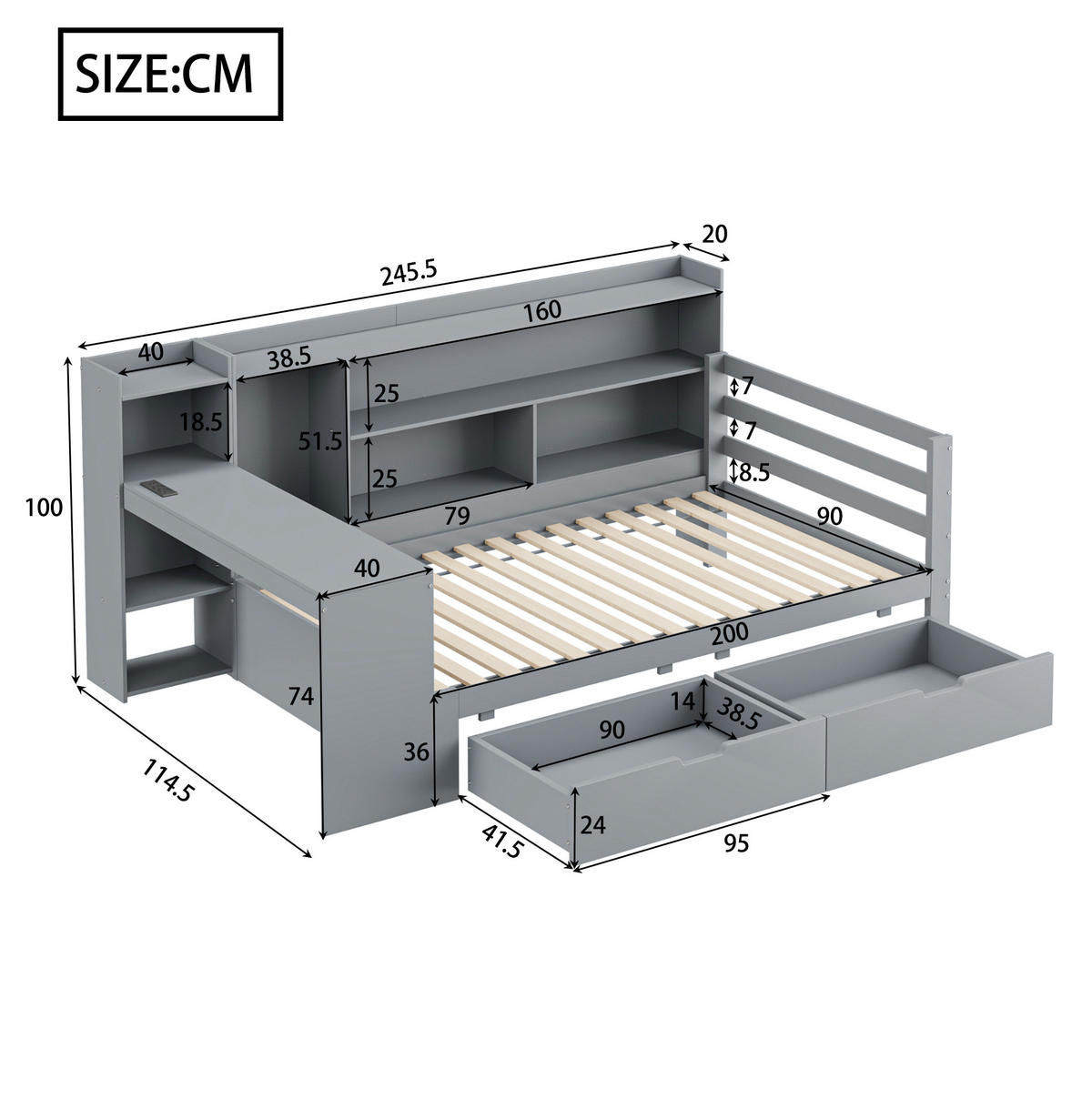 POSTEL s úložným prostorem 90/200 cm šedá z masivního dřeva s psacím stolem a zásuvkou - šedá, dřevo (90/200cm) - OKWISH