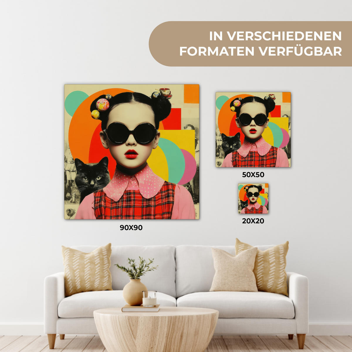 LEINWANDBILD Mädchen - Sonnenbrille - Katze - Retro Deko Groß 90x90 cm - Beige, Textil (90/90cm) - MuchoWow
