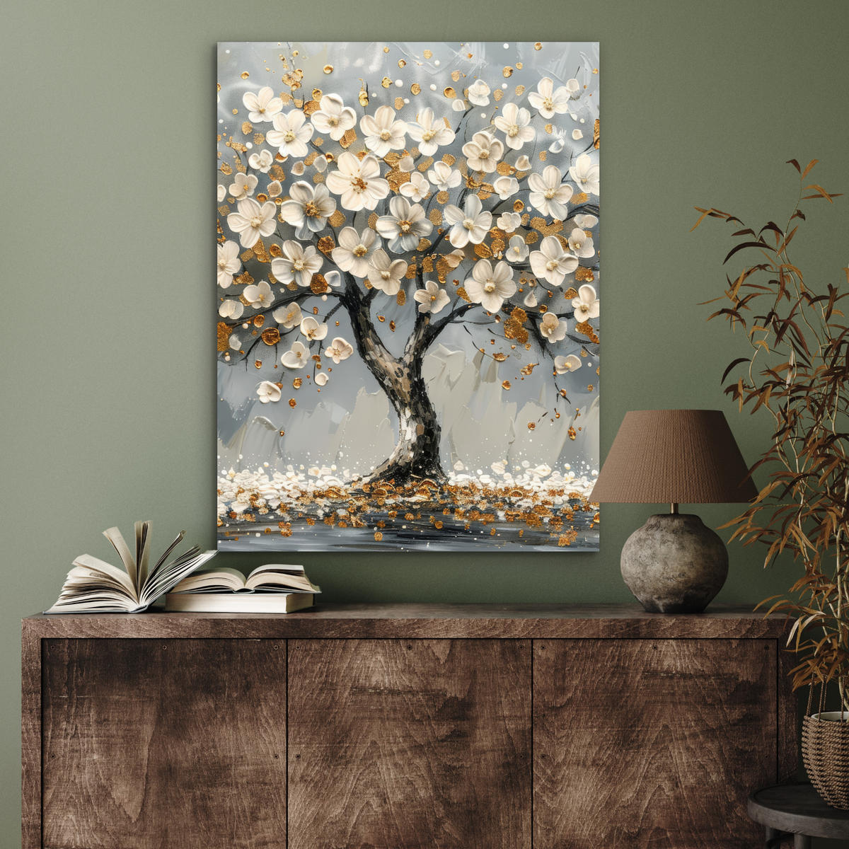 KOVOVÝ OBRAZ Strom - Kvety - Biela - Príroda - Umenie 60x80 cm - biela, kov (60/80cm) - MuchoWow