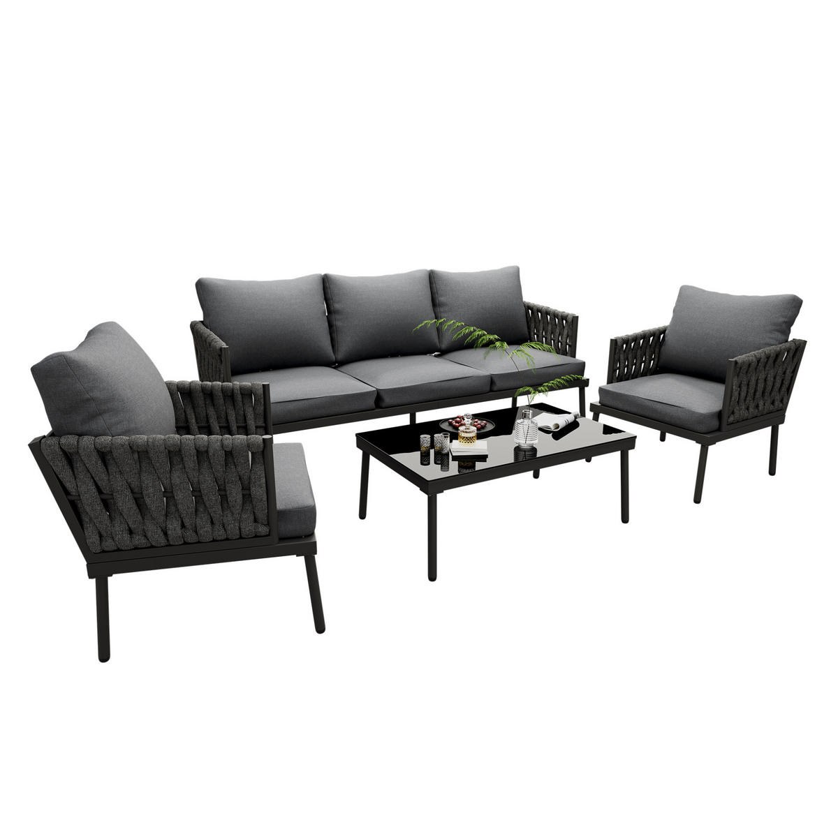 GARTENLOUNGE-SET 4-teilig mit 3-Sitzer-Sofa, 2 Sesseln, Glastisch und Seilarmlehnen aus verzinktem Stahl, Grau - Grau, Textil - Redom