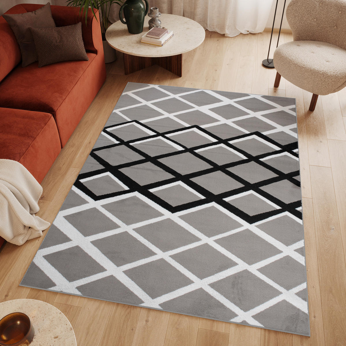TEPPICH LUXURY Grau Karo Rauten 80/150 cm - Grau, Textil (80/150cm) - Tapiso