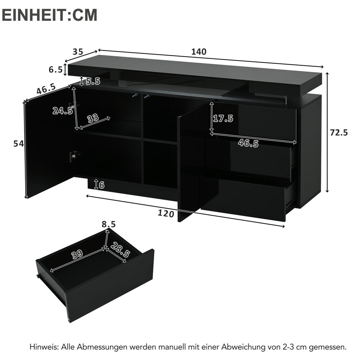SIDEBOARD mit LED 140 x 35 x 72,5 cm Schwarz 2 Türen 3 Schubladen - Schwarz, Holzwerkstoff (140/72/38cm) - Meubliv