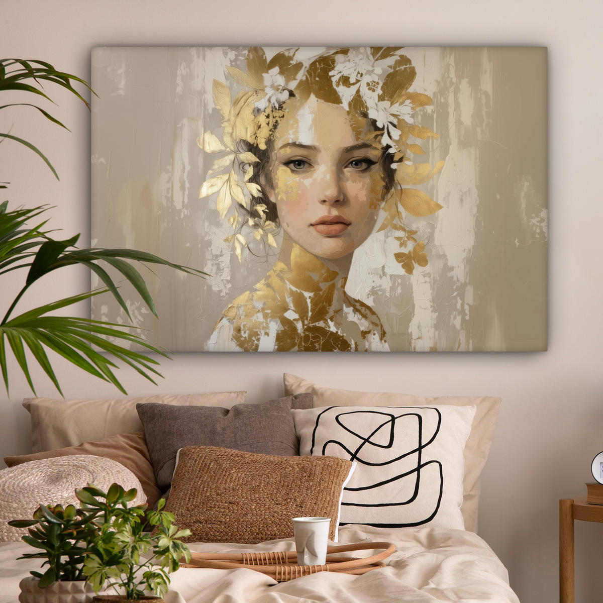 LEINWANDBILD Gesicht - Frau - Blätter - Gold Wohnzimmer Groß 120x80 cm - Beige, Textil (120/80cm) - MuchoWow