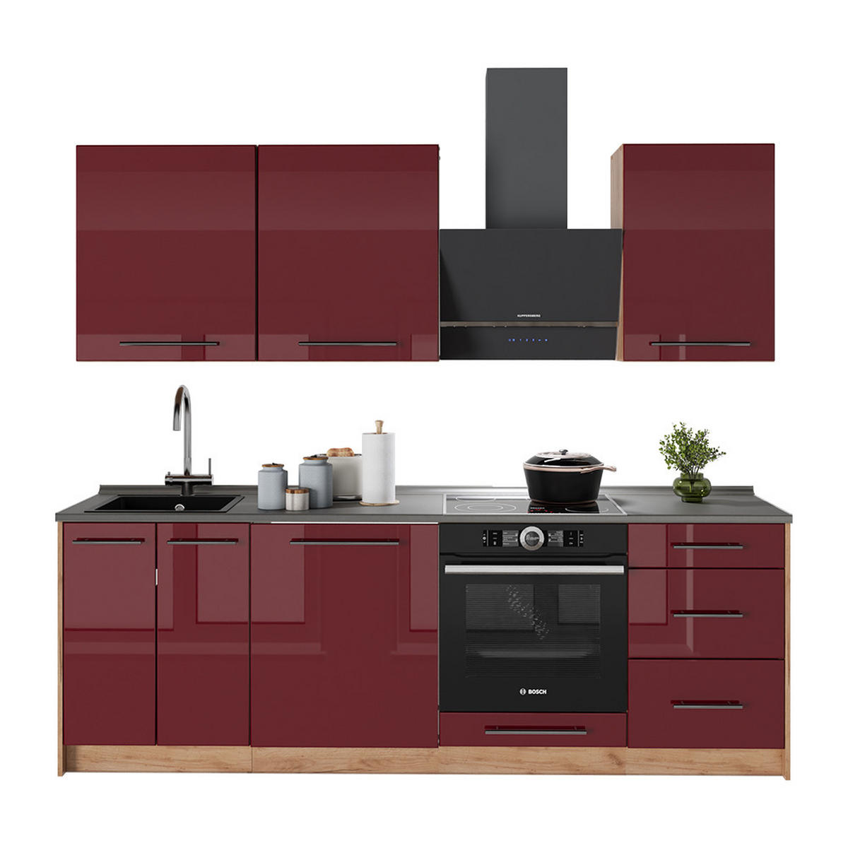 KÜCHENZEILE Fame-Line, Bordeaux Hochglanz/Goldkraft Eiche, 230 cm, AP Marmor - Honigeiche/Bordeaux, Holzwerkstoff (230/82/60cm) - Vicco