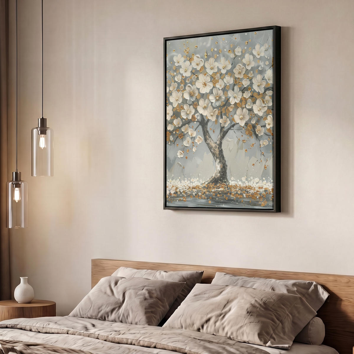 LEINWAND Bilder mit Rahmen - Baum - Blumen - Weiß - Natur - Kunst - 50x70 - Weiß, Textil (50/70cm) - MuchoWow