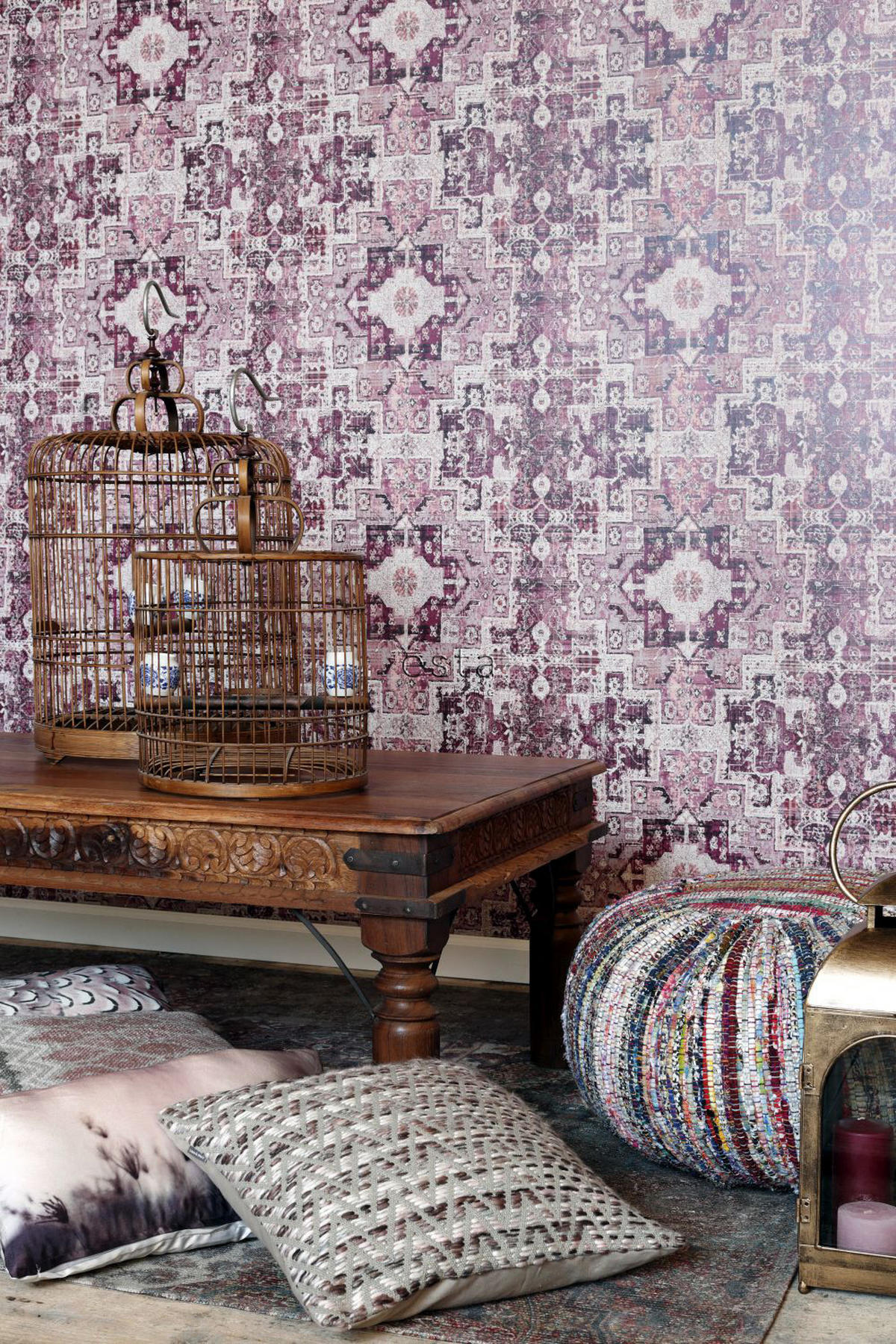 TAPETE orientalisches Kelim-Patchwork 53 cm x 10.05 m - Pink, Papier (53/1000cm) - ESTAhome