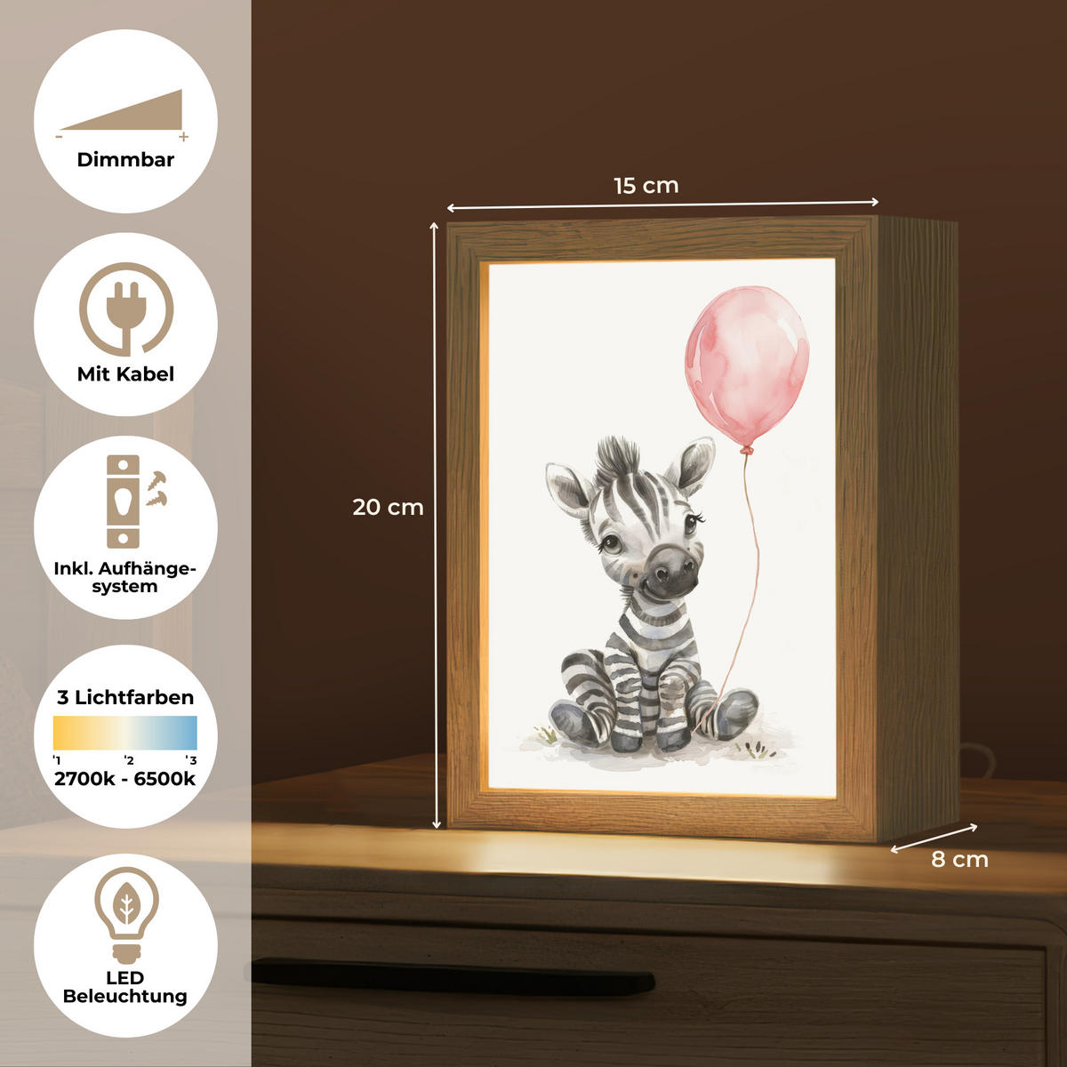 NACHTTISCHLAMPE Zebra - Baby - Tiere - Rosa Luftballon 15x20 cm - Weiß, Holzwerkstoff (8/15/20cm)
