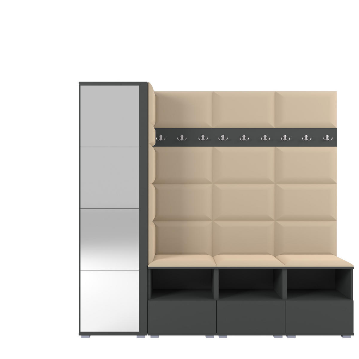 GARDEROBE NELA IX 200 cm (Modulare Flurmöbel Graphit mit Spiegel & Sitzpolster Beige 04 Breite Sitzbank) - Beige/Silberfarben, Holz/Holzwerkstoff (200/187/40cm) - Ravio