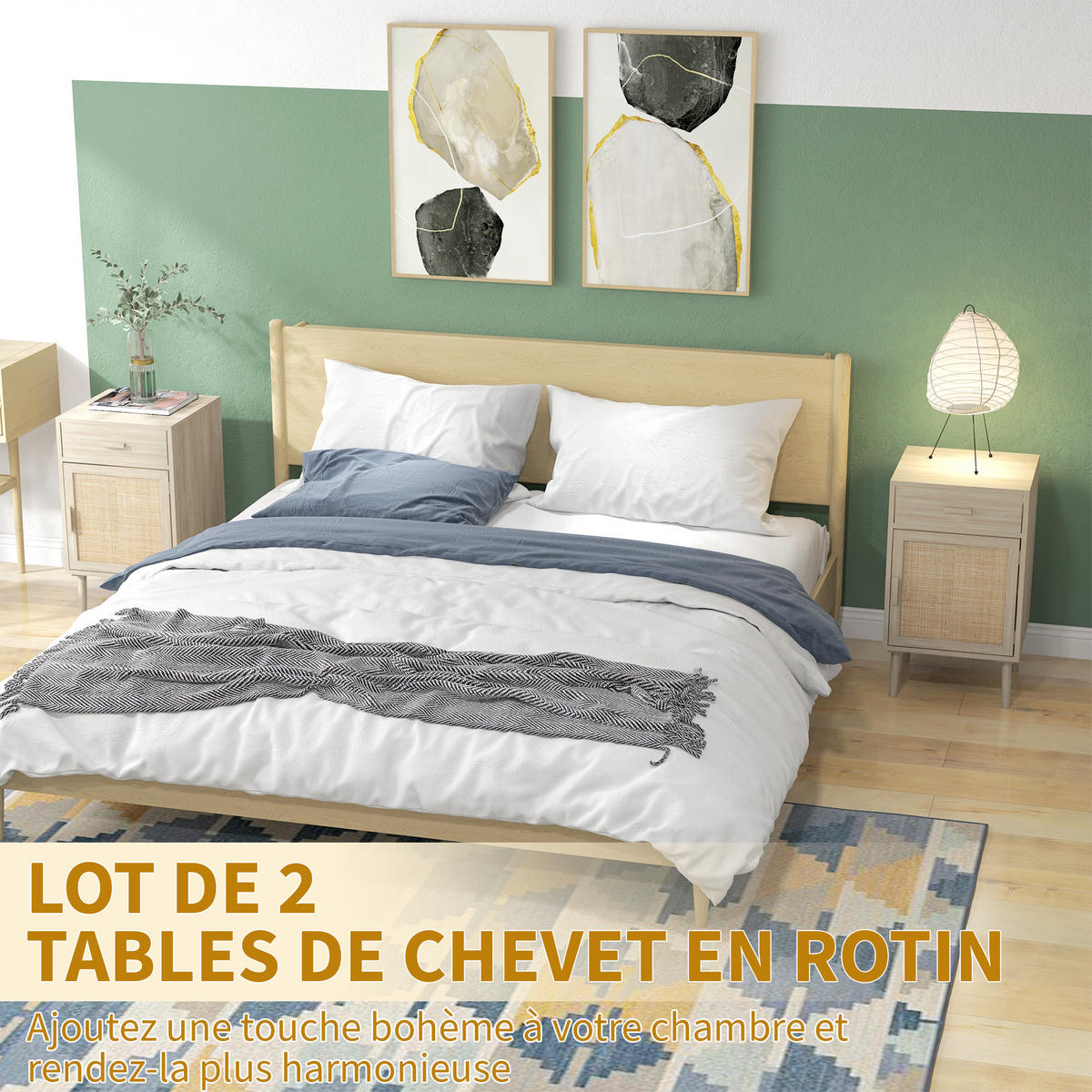 NACHTTISCH Eiche Spanplatte Rattan mit Schublade und Tür 2er-Set - Eichefarben, Holzwerkstoff (40/68.5/40cm) - PANGIVO