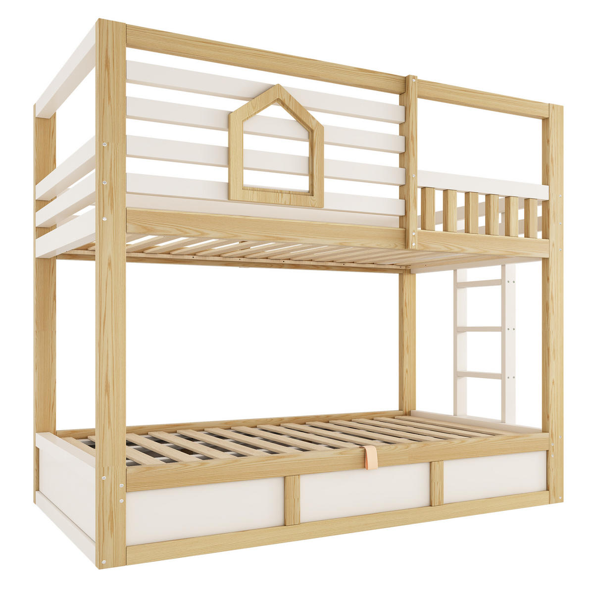 ETAGENBETT 90/200 cm & 90/200 cm in Weiß & Eichefarben mit Stauraum und Sicherheitsgeländer im Hüttenstil - Weiß/Naturfarben, Holzwerkstoff (90/200cm) - STILVORA