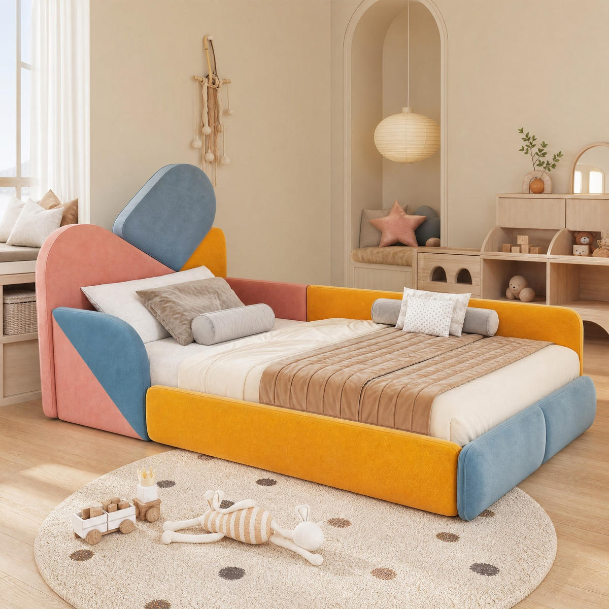 KINDERBETT 90/200 mit gepolstertem Kopfteil und Seitenschutz in Blau,Rosa und Gelb - Blau/Rosa, Holzwerkstoff/Textil (90/200cm) - EVRYAE