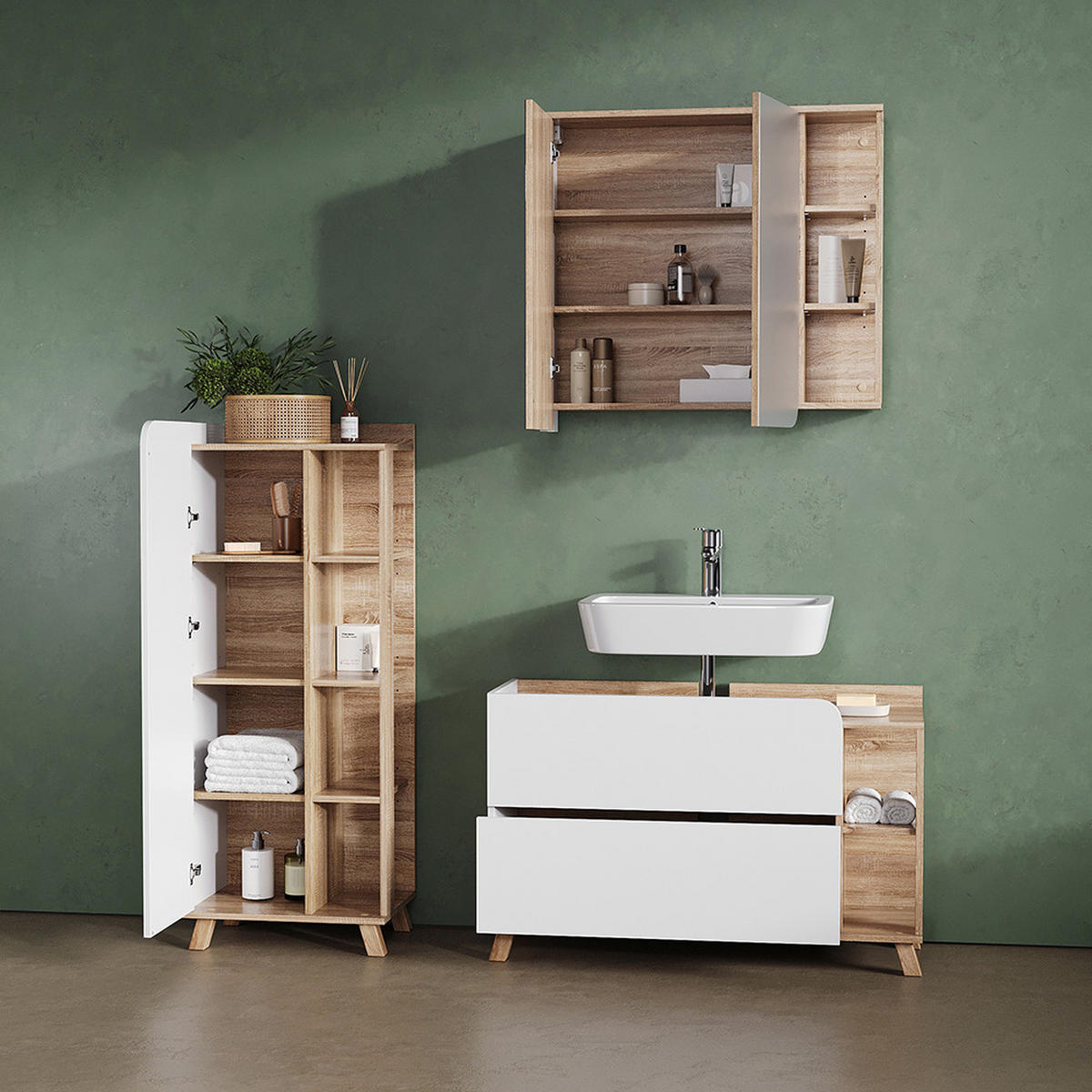 KOMPLET KOPALNIŠKEGA POHIŠTVA Marano, Sonoma/Bela, 3-delni - bela/hrast sonoma, leseni material (100/65/35cm) - Livinity®