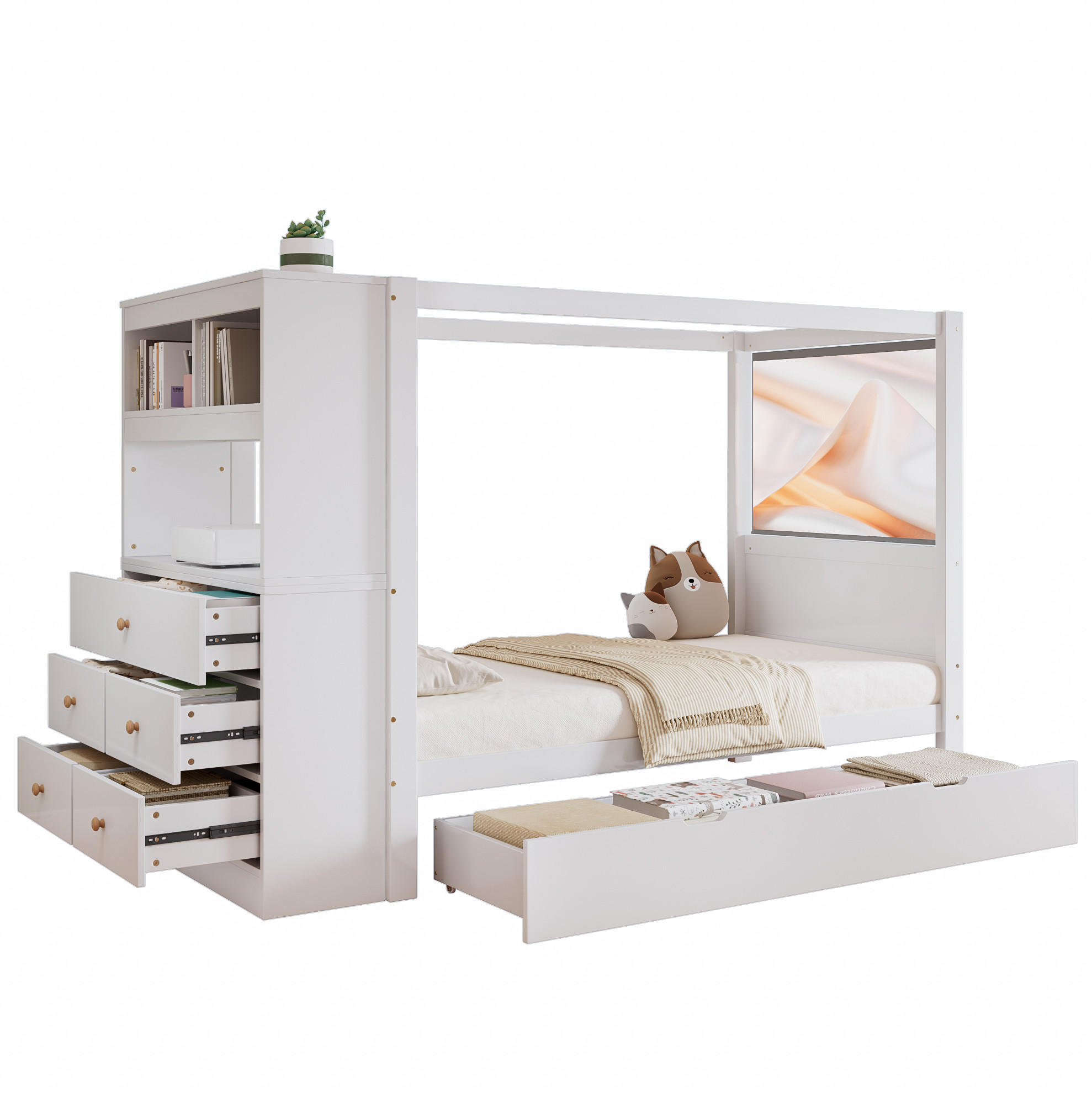 EINZELBETT 90/200 cm Weiß aus Kiefernholz und MDF mit Stauraum - Weiß, Holz (90/200cm) - OKMYHOME