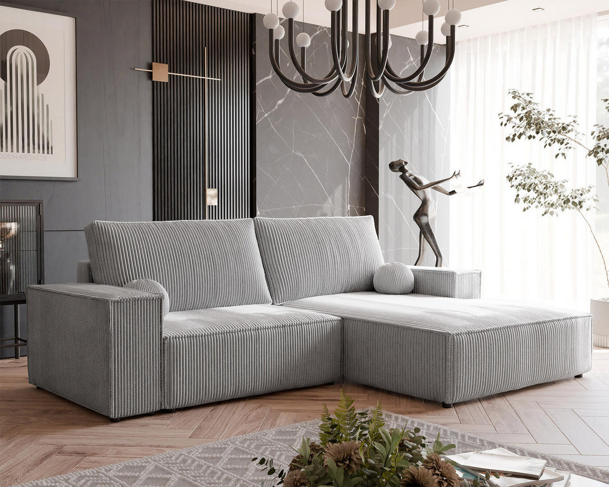 ECKSOFA HUGO Rechts, mit Schlaffunktion und Bettkasten, Hellgrau - Hellgrau, Textil (255/148cm) - Idohome