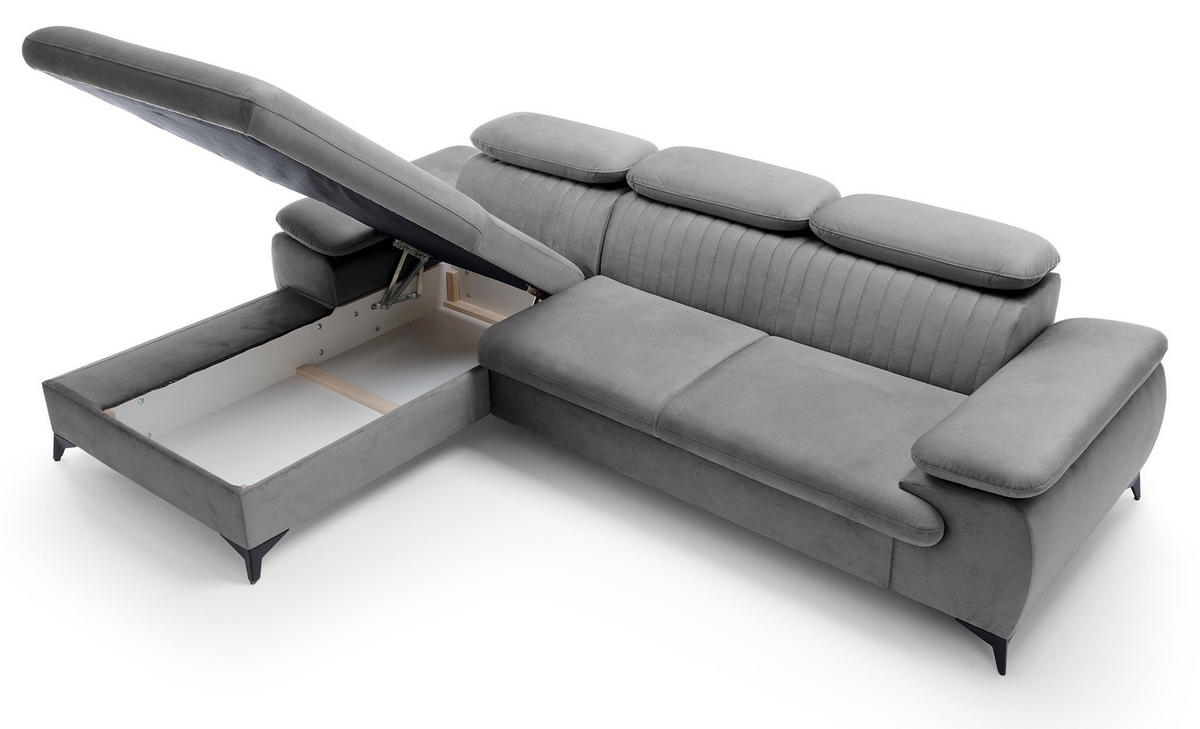 ECKSOFA 280 cm Xanto M, Schlaffunktion, verstellbaren Kopfstützen, Links, Grau - Grau, Holz (280/193cm) - Emporius