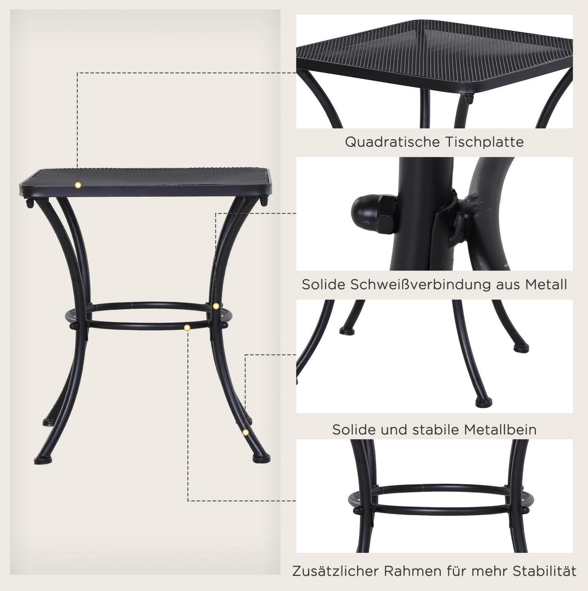 BOČNI stolić 45/45/50 cm crni od metala s mrežastom pločom za balkon i terasu - bijela, metal (45/45/50cm) - OKWISH
