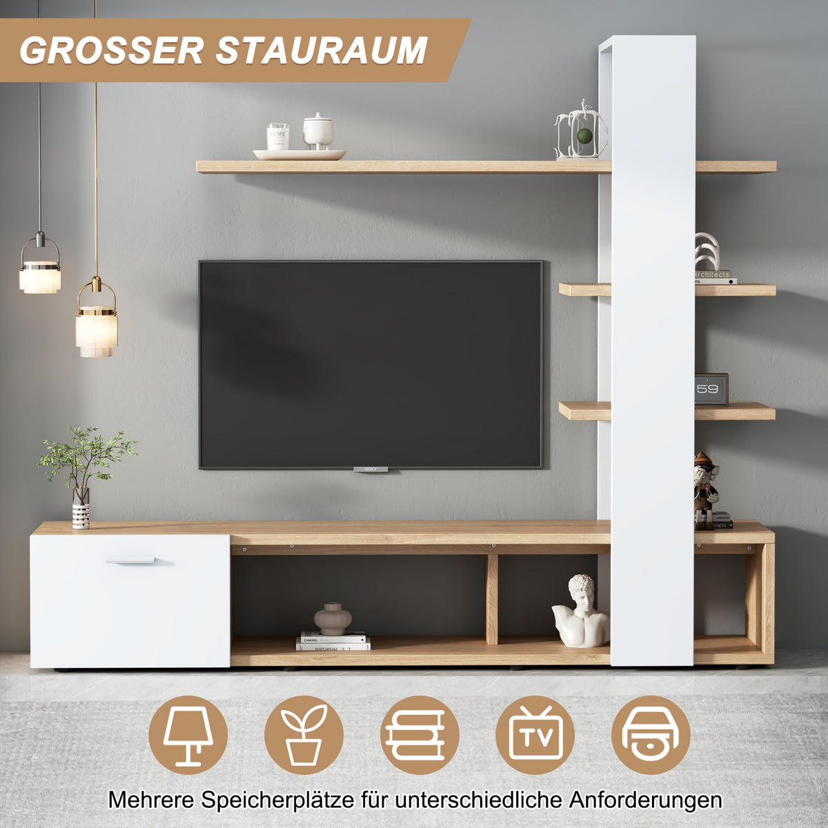 TV-WANDSCHRANK aus Spanplatte 180x33,5x151,5 cm Weiß/Holzfarben mit Stauraum, Tür und Regalen für TV bis 60 Zoll - Weiß, Holzwerkstoff (180/151.5/33.5cm) - Modfu