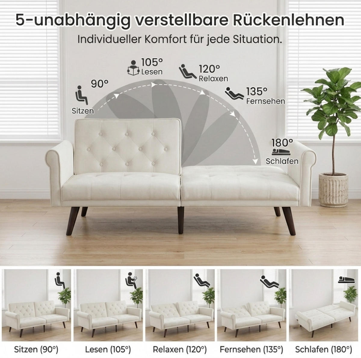 SCHLAFSOFA 2-Sitzer mit verstellbaren Rückenlehnen, 2-in-1 Gästebett und 6-Punkt-Konstruktion, Beige - Beige, Textil (172/70/89cm) - Redom